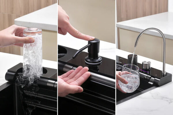 Поставка за изплакване на чаши, дозатор за сапун и диспенсър за вода